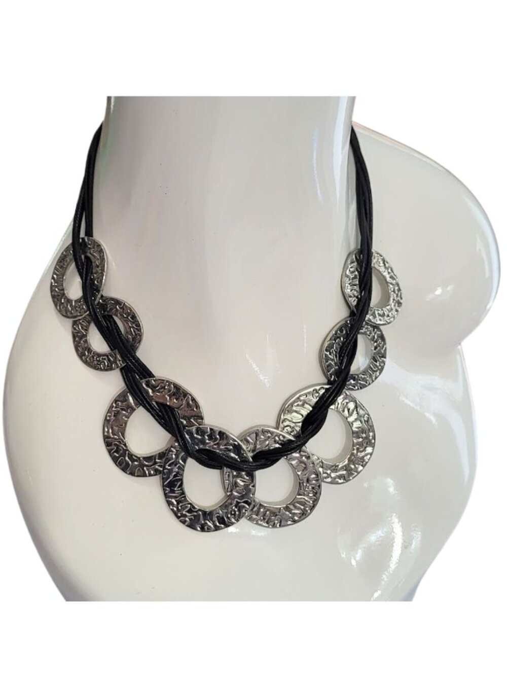 Silver Tone Ring Black Choker Statement Necklace